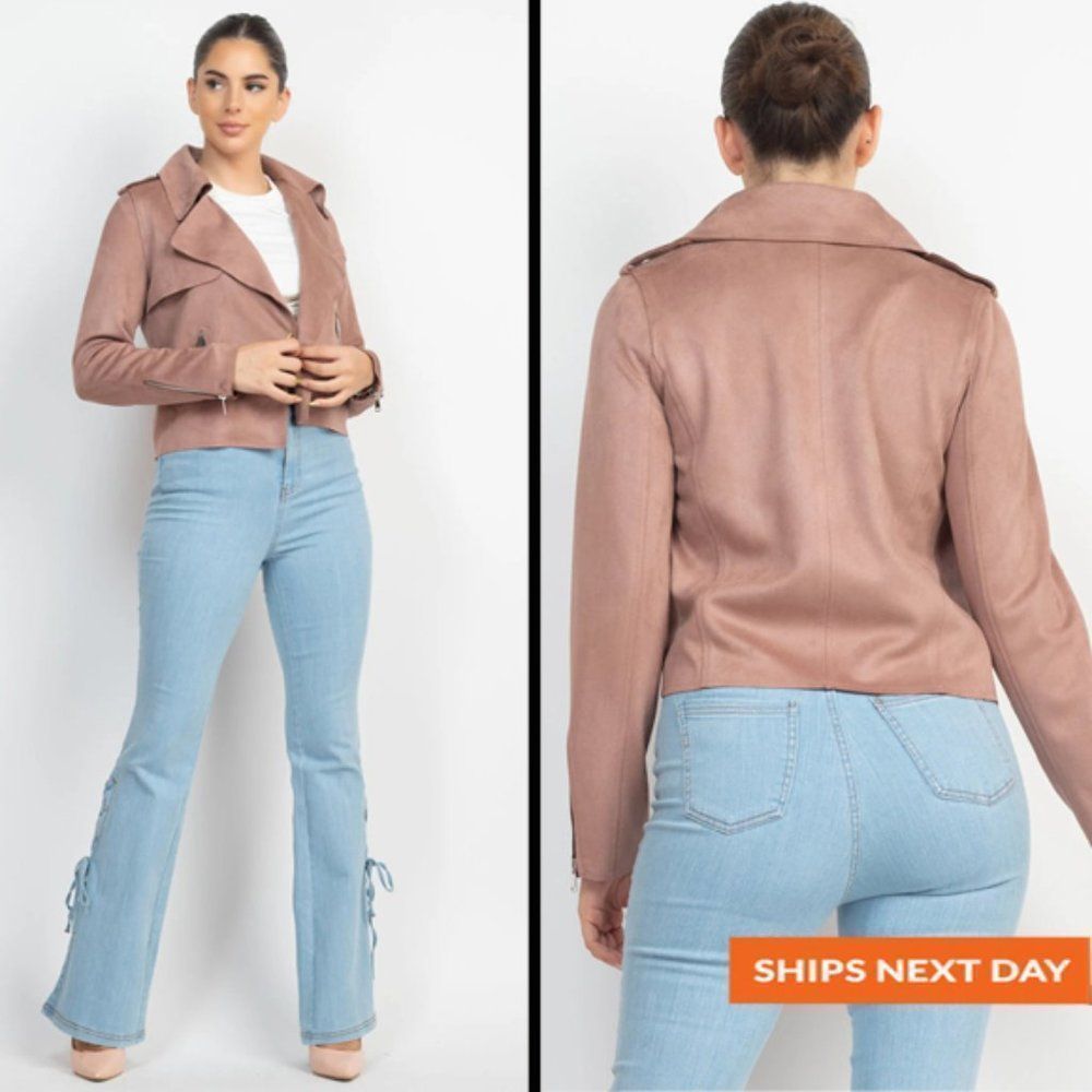 Faux Suede Notch Open-Front Moto Jacket - Moto Jacket - Biker Jacker